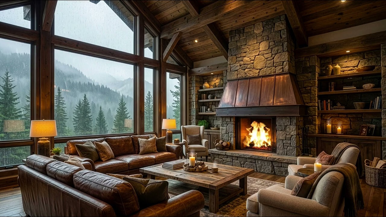 Cozy Mountain Lodge Ambience Relaxing Piano Music, Rain & Crackling Fireplace 4K