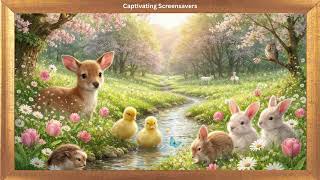 Hedgehog, Deer, Ducklings & Rabbits in Meadow | 4K Gold Frame Spring Art | TV Screensaver | No Sound screenshot 2