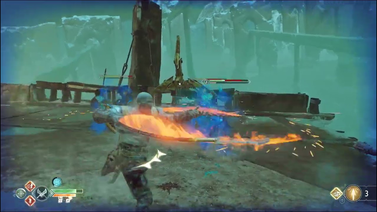 Kratos using a magic flying boat to escape Hell - God Of War 2018