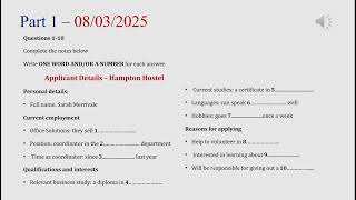 IELTS listening actual test Part 1: 08/03/2025 (answer+ transcript)