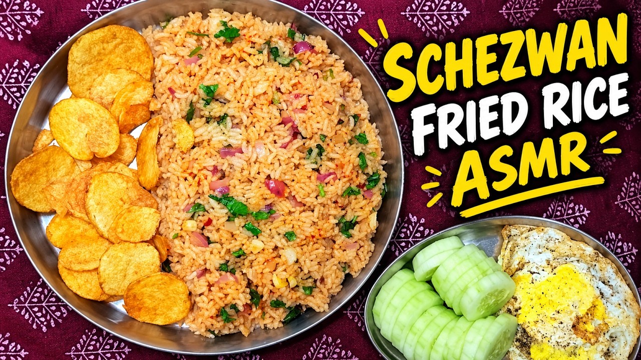 Fried Rice Chippy Schezwan Fried Rice ASMR 🍚 | Chips, Omelette & Cucumber Salad | No ...