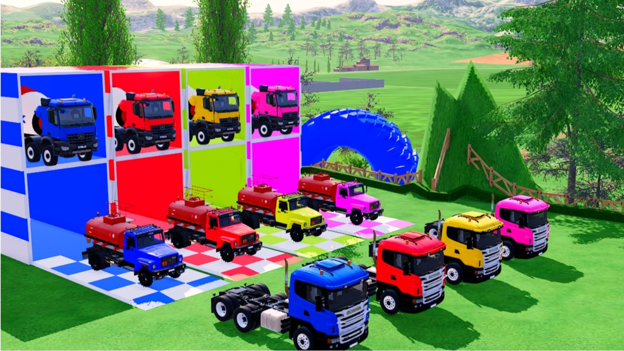 TRANSPORTING ALL THE COLORFUL MIXER TRUCKS, VOLVO FIREFIGHTERS, WITH SCANIA TRUCKS TO THE GARAGE