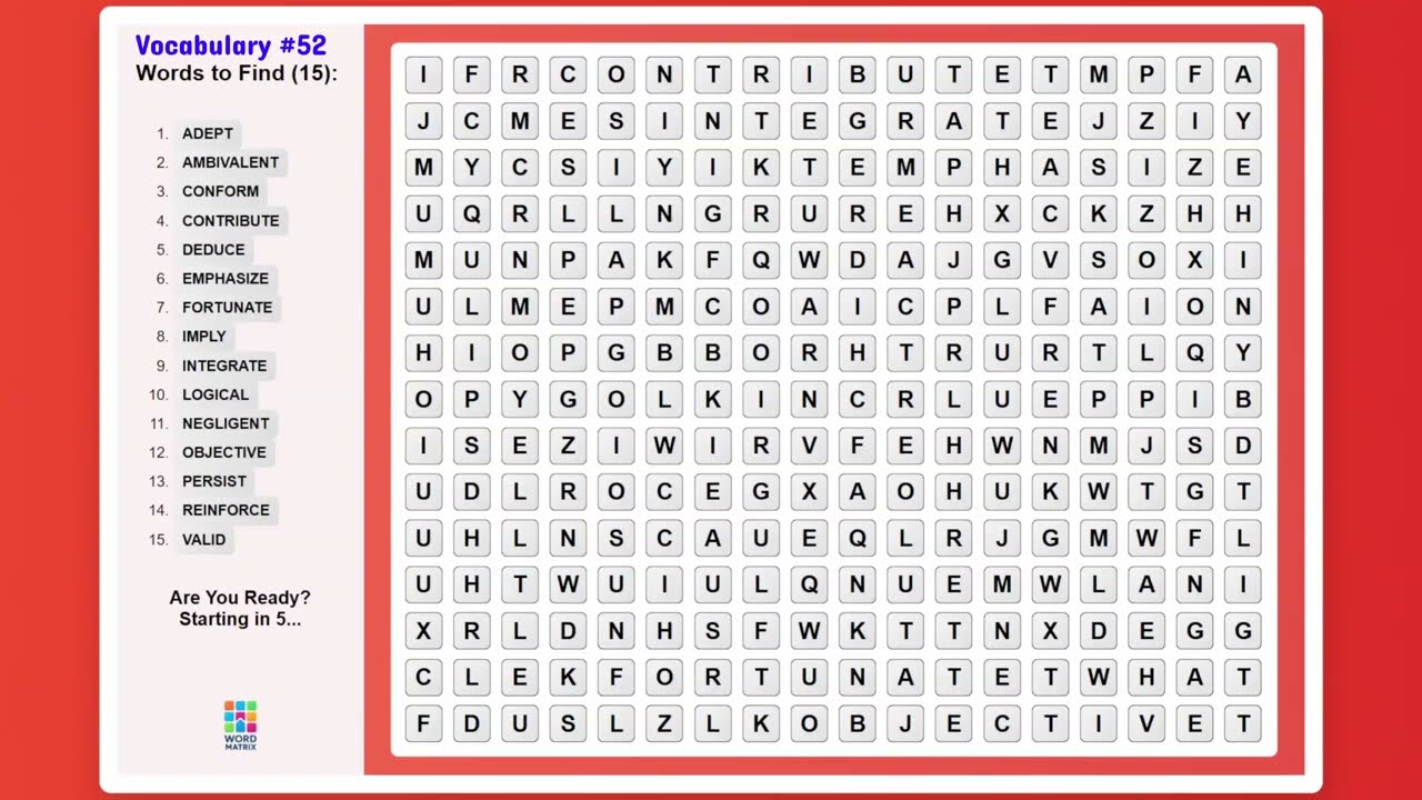 Word Search Game Challenge 52: Can You Find All 15 Before I Do? - Word Matrix