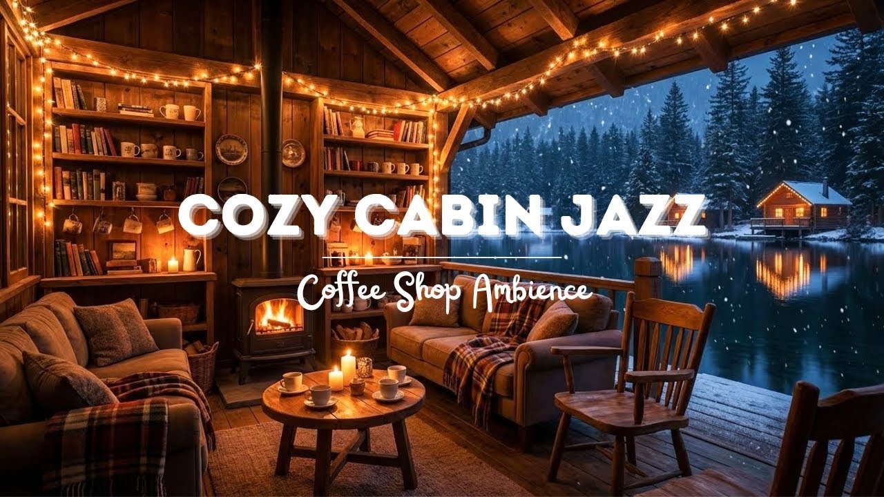 🔴 LIVE Lakeside Cabin Jazz ❄️🎷 | Cozy Fireplace & Snowfall Night