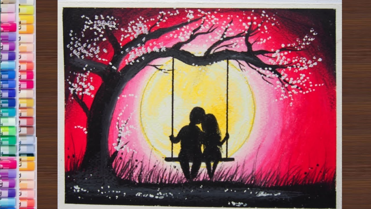 วาดรูปคู่รัก กับภาพสีสวยๆ (สีเทียน) | How to draw Romantic couple under tree