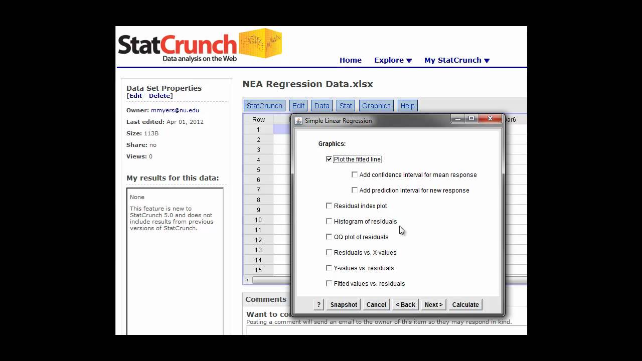 Simple Regression and r value Test in StatCrunch - YouTube