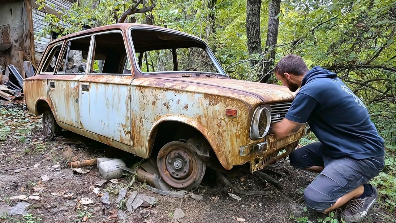 Мужчина восстанавливает брошенную машину под упавшим деревом | От начала до конца @lesnoy