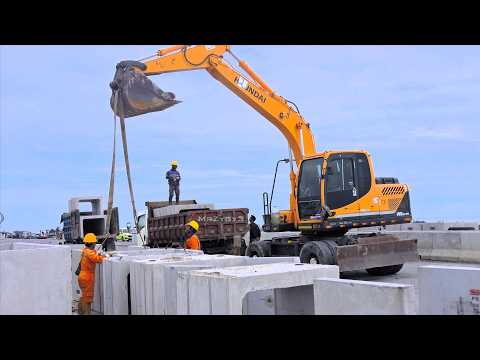 Massive River Bridge Project: Heavy Excavator Places Giant Concrete Units!