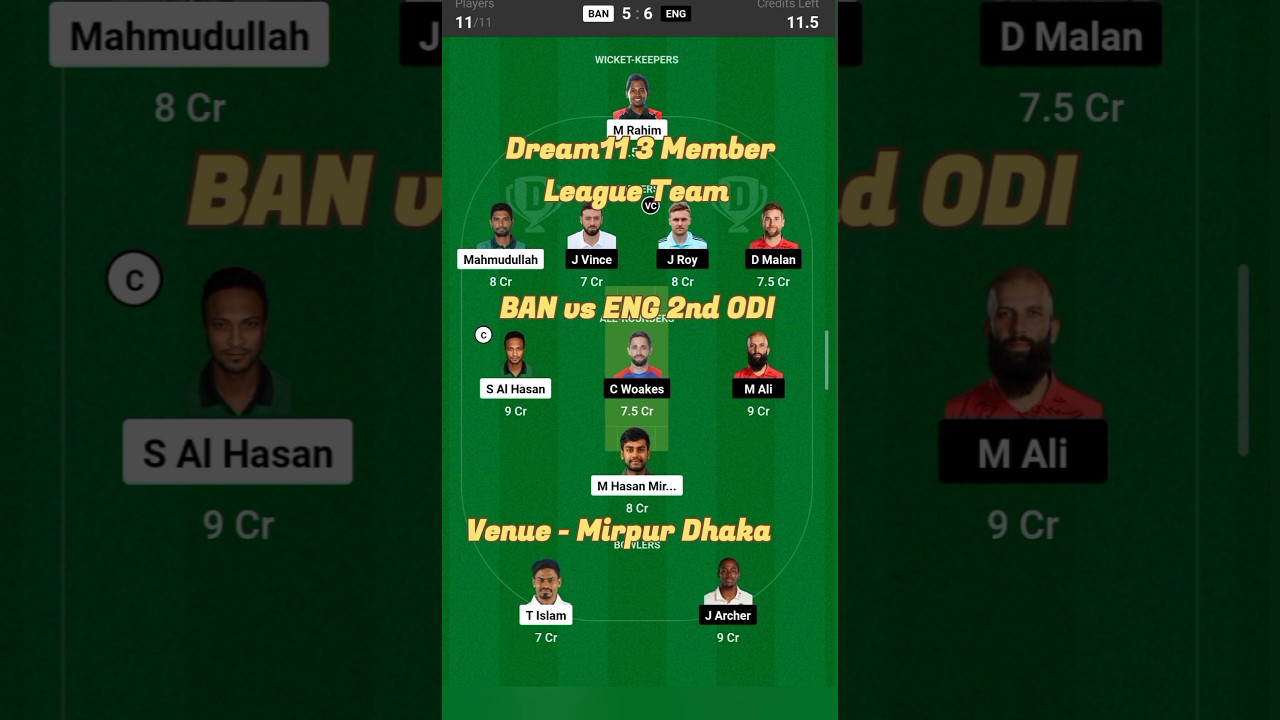 BAN vs ENG Dream11 Team Prediction for 3 Member League Contests
