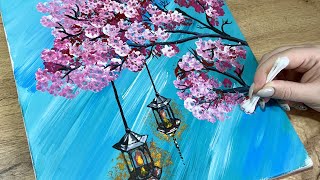 Easy Cherry Blossom Flowers With hangings lamps Painting/ Painting Step by Step