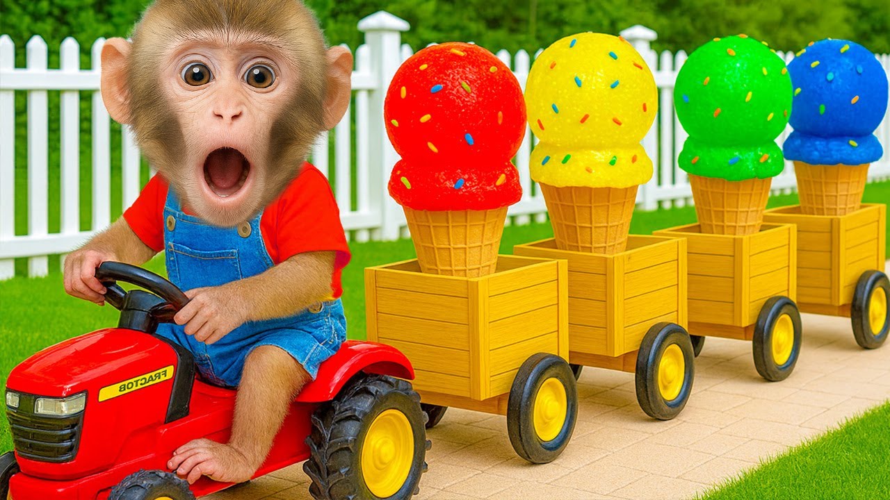 Monkey KOKI enjoys rainbow jelly ice cream and harvests fruits on the farm with his duck friend