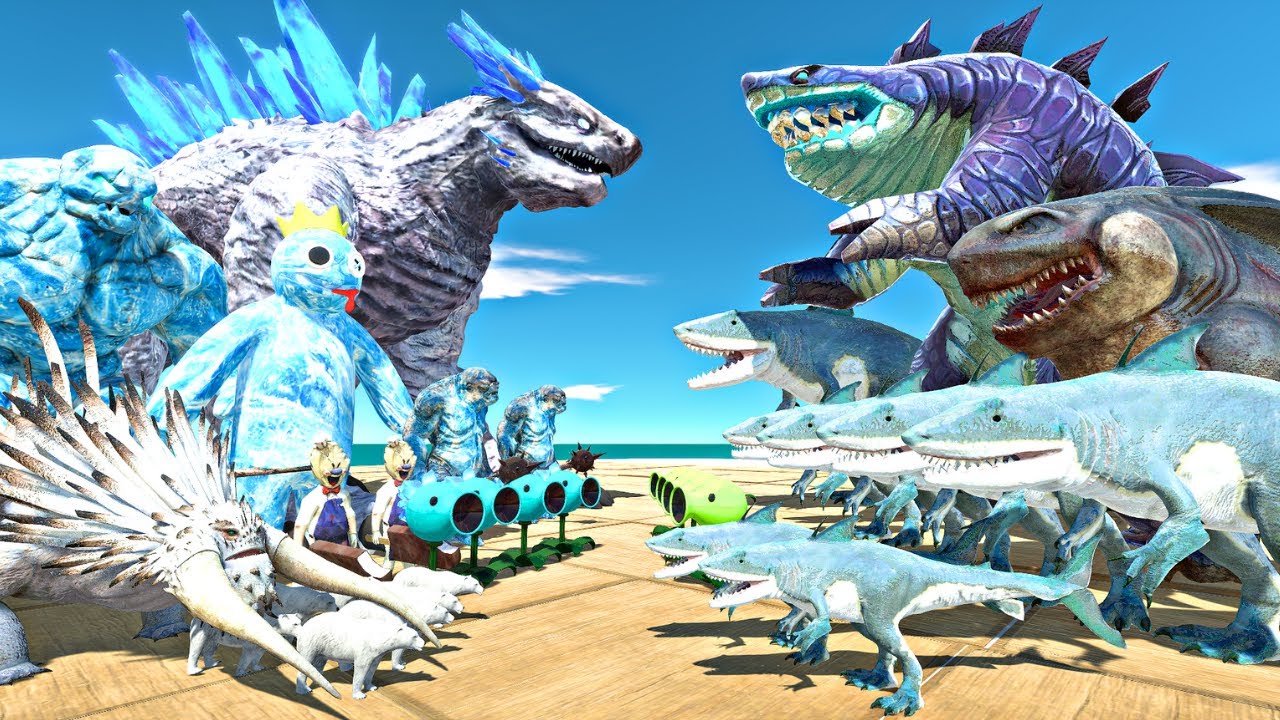 King Shark Fights in Plants Arena | Ice Monsters vs Sharkjira - Animal Revolt Battle Simulator