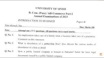 Introduction to Business paper 2 2023 || AD Commerce & Bcom part 1 paper 2024 || Sindh University