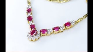 Certified Natural Red Ruby & Diamond Solid 18k Yellow Gold Tennis Cocktail Necklace GEMS