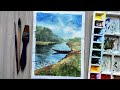 beautiful riverside with boat watercolor landscape painting | simple and beautiful watercolor