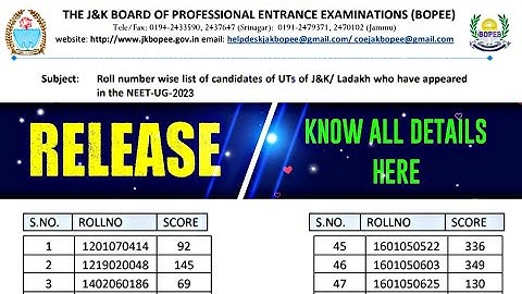 NEET 2023 Jammu & Kashmir Roll Number Wise Merit List Release | JKBOPEE NEET 2023 Merit List Date