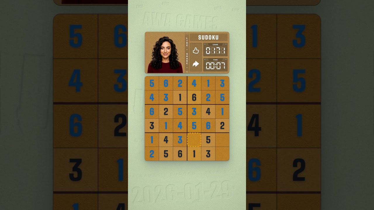 LinkedIn Mini Sudoku #171 solved board for January 29, 2026, 6x6 grid
