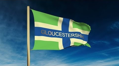 4K Gloucestershire flag slider style with title. Waving in the wind with cloud background animation