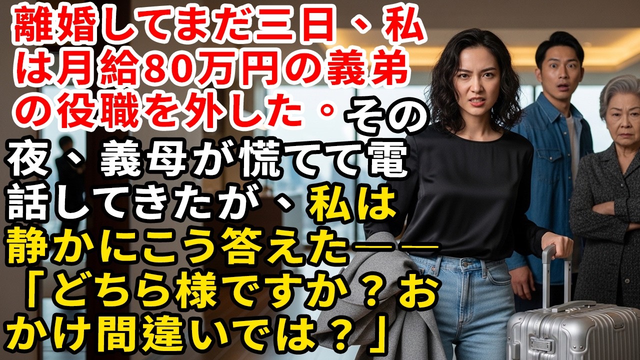 離婚してまだ三日、私は月給80万円の義弟の役職を外した。その夜、義母が慌てて電話してきたが、私は静かにこう答えた――「どちら様ですか？おかけ間違いでは？」