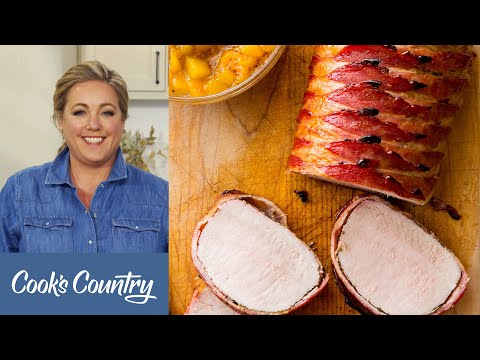 How to Make Bacon-Wrapped Pork Roast with Peach Sauce and Texas Potato Pancakes | America