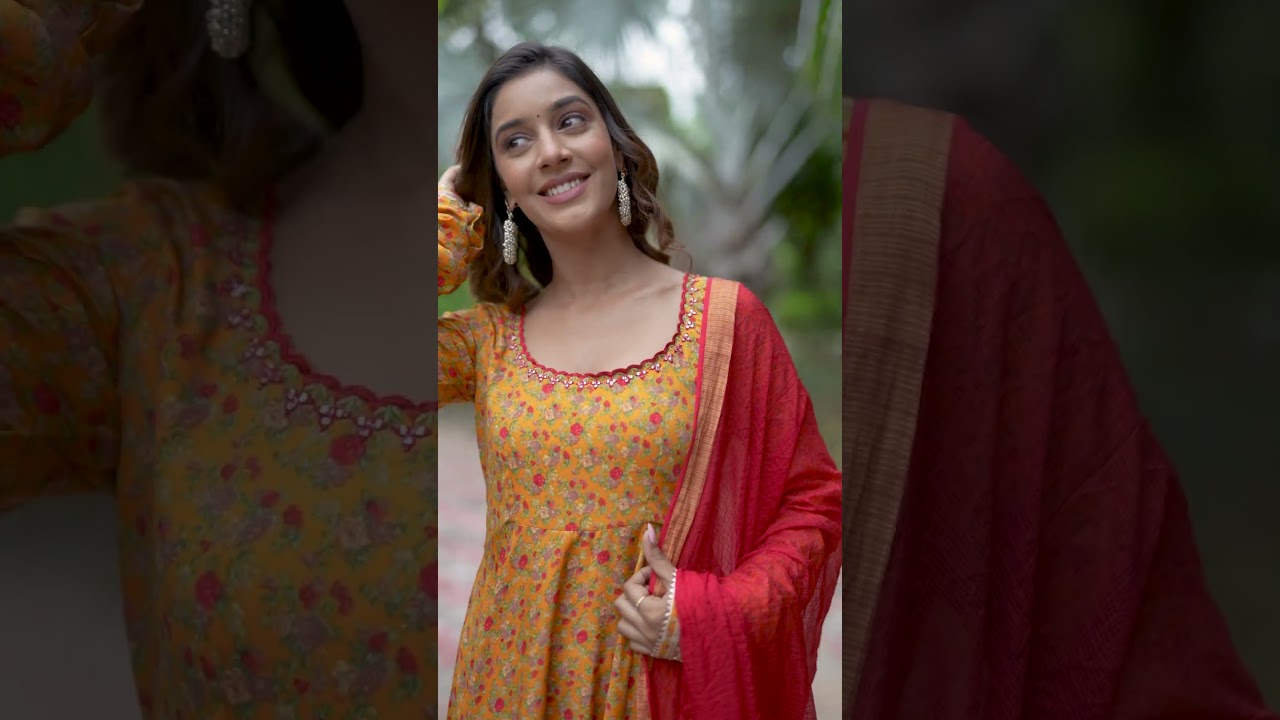 Printed Pure Crepe Aline Suit in Mustard