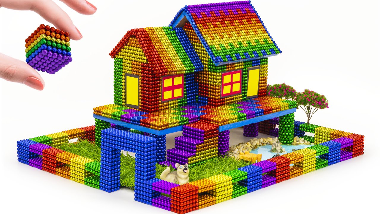 Challenge To Build a Dog House on Stilts a Fenced-in Pool Outdoor Stairs From Magnetic Balls| ASMR