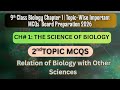 9th Class Biology Chapter 1 Mcqs | Relation of Biology with Other Sciences | Matric Part 1 Biology
