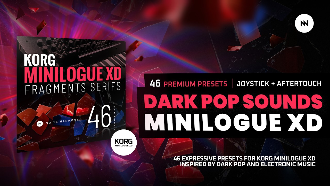 Promotional graphic for Noise Harmony Fragments, a collection of 46 Korg Minilogue XD presets inspired by dark pop and electronic music, featuring vibrant red and purple visuals, floating glass fragments, and expressive joystick and aftertouch support.