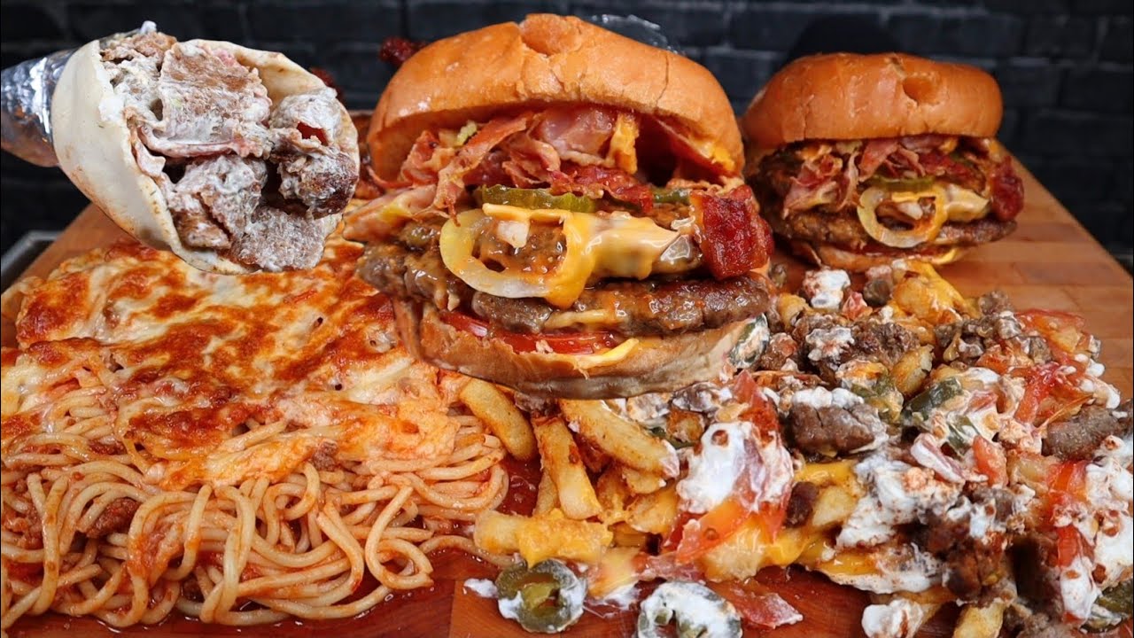 ASMR Beef Bacon Donair, Mexican Fries, Double Cheesburger, Baked Spaghetti, and Wings Mukbang