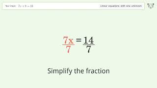 Linear equation with one unknown: Solve 7x+9=23 step-by-step solution