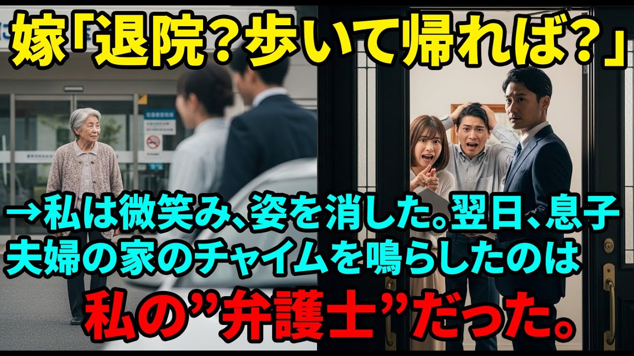 【スカッと】退院した私に嫁「歩いて帰れ」と一言。私は微笑んで姿を消した→翌日、私の代理人弁護士が家に訪れ”ある通告”を突き付けられた息子夫婦は半狂乱にw【シニアライフ】【60代以上の方へ】