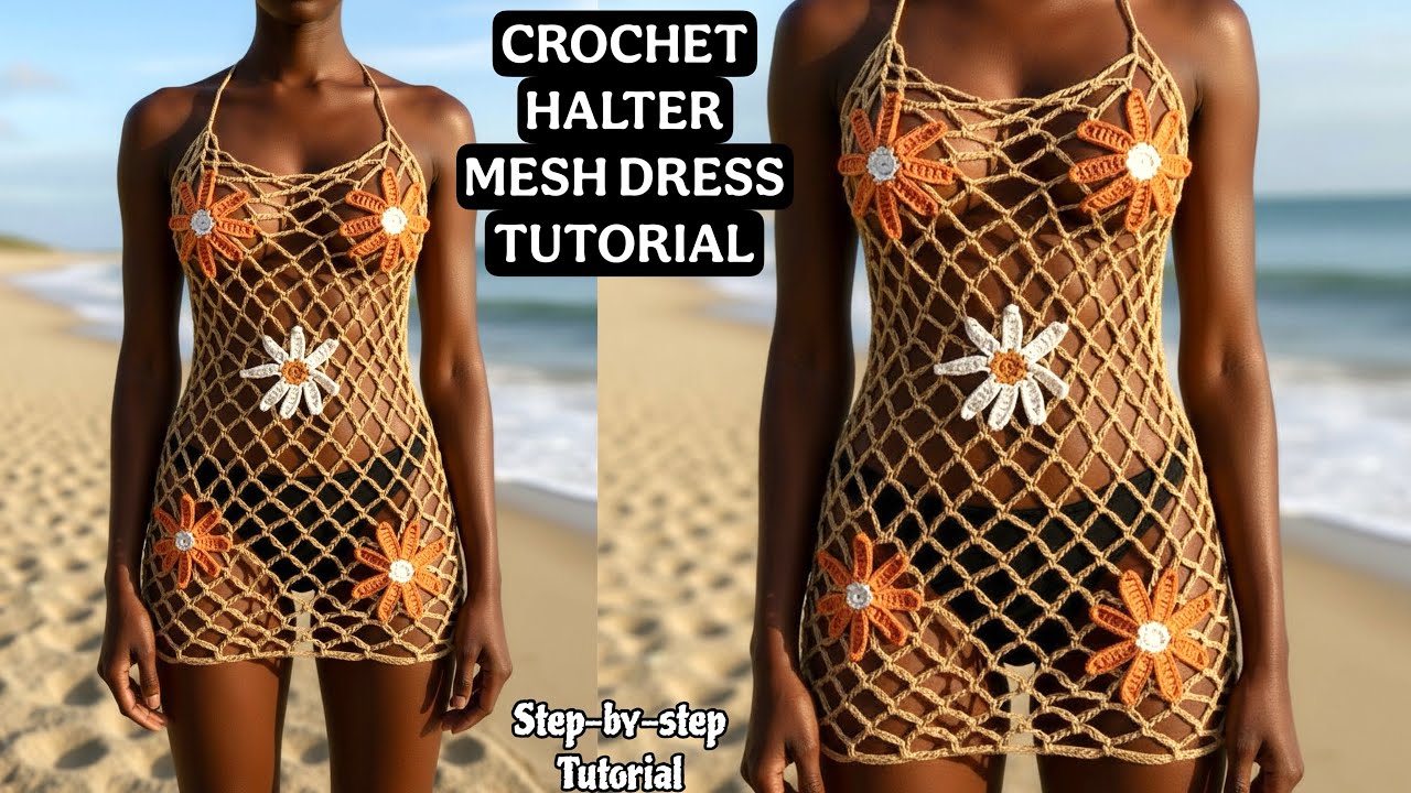 Crochet Halter Mesh Dress| Crochet Coverup Dress