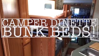 I built a bunk above the dinette in my truck camper. Kids are getting too big to share the dinette bed. This works great. One day build. 