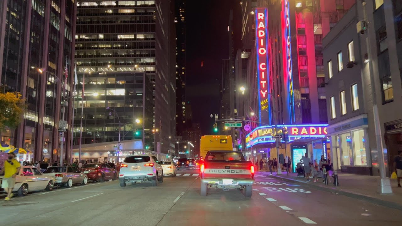 Night Drive in NYC : Holland Tunnel, 6th Avenue, Midtown Manhattan
