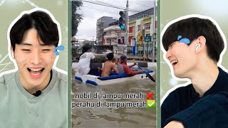 Pria Korea yang menangis lalu tertawa melihat tiktok orang Indonesia yang menghadapi banjir