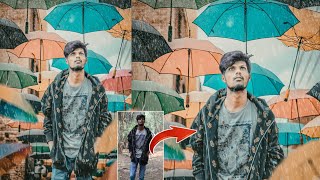 Rain Photo Editing || PicsArt Rainy Monsoon Editing Telugu || PicsArt Umbrella Rain Photo Editing screenshot 1