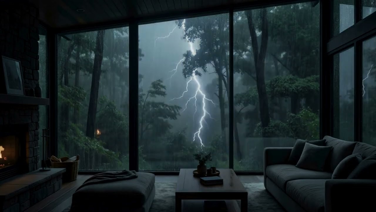 Dark Forest Thunderstorm Ambience 🌧️ | Rain Hitting Glass House at Night | Deep Storm Sounds (4K)