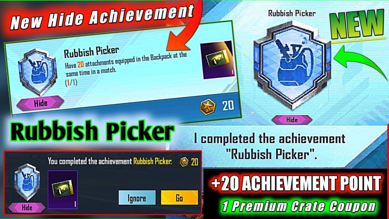 Ready go to ... https://youtu.be/7SOCm8yOMnA [ Easyway To Complete (Rubbish Picker) Achievement | New Hide Achievement [RUBBISH PICKER] Pubg Mobile]