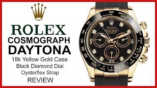 ▶ Rolex Cosmograph Daytona, Yellow Gold, Black Diamond Dial, Oysterflex, Rubber, REVIEW - 116518LN