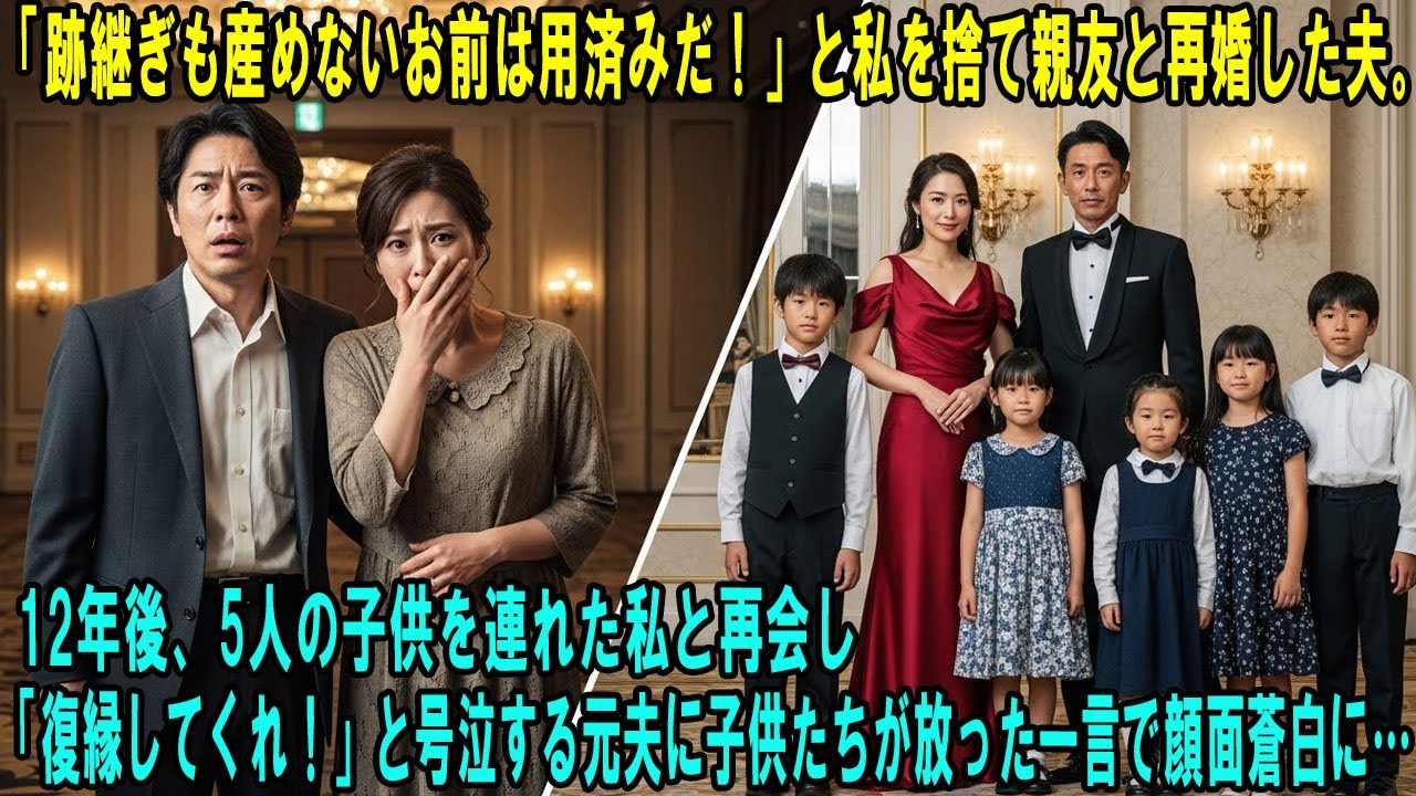 「跡継ぎも産めないお前は用済みだ！」と私を捨て親友と再婚した夫。12年後、5人の子供を連れた私と再会し「復縁してくれ！」と号泣する元夫に子供たちが放った一言で顔面蒼白に…#感動の物語 #AIストーリー