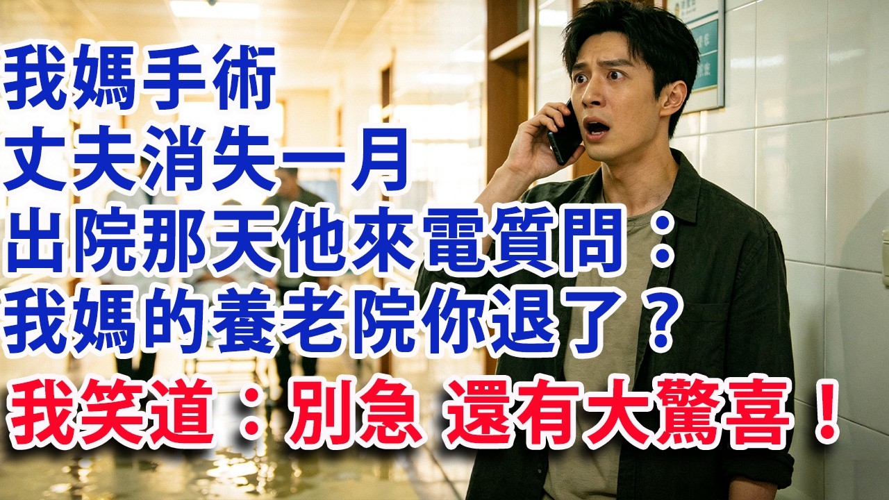 【满分爽文】我媽手術 丈夫消失一個月 出院那天他來電質問：我媽的養老院 你怎麼退了？ 我笑道：別急 還有大驚喜！#婆媳 #家庭 #情感故事 #晚年生活 #為人處世 #生活經驗 #情感