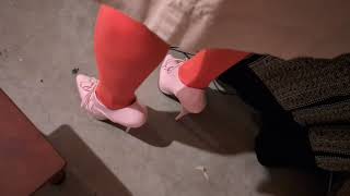 3/7 6' pink Oxfords with light pink skirt and hot pink socks. (They look orange on camera.)