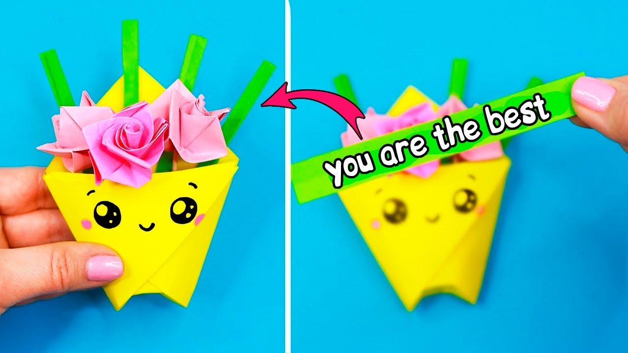 Origami Paper BAG WITH ROSES No Glue! DIY Mother Day Easy paper crafts