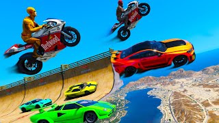 Two bandits challenge Epic Ramps Sportcars and Sportbike Spiderman team vs Trevor team GTA V mods