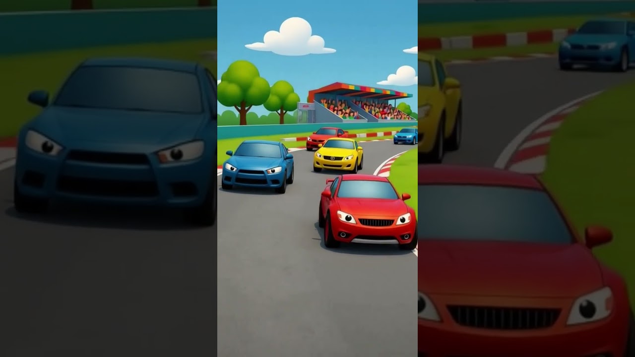 🎨 Cartoon Car Race Fun | Colorful Cars, Cheerful Crowd & Sunny Sky 