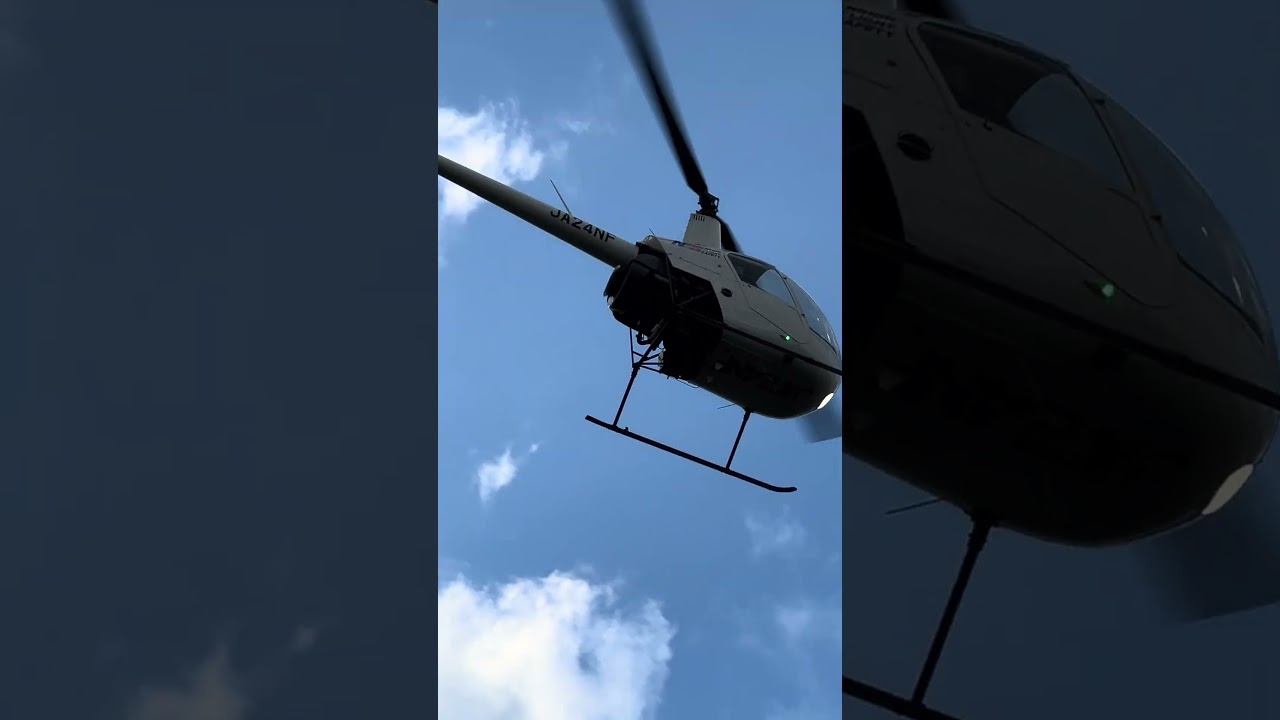 ヘリコプターRobinson R22軽快な飛行そして着陸　Robinson R22 helicopter, agile flight and landing 