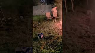 Guy jumps out of his seat after hearing fireworks then runs behind chair and falls onto lawn mower