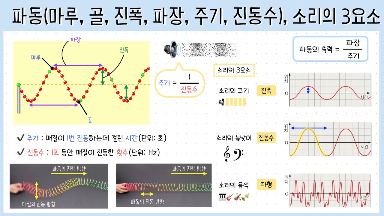 [중② 3단원] 4강. 파동┃횡파, 종파┃마루, 골, 진폭, 파장┃진동수와 주기┃소리의 3요소🎵 - YouTube