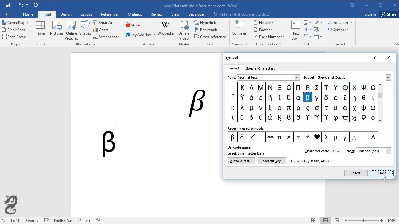 How to type beta symbol in Word