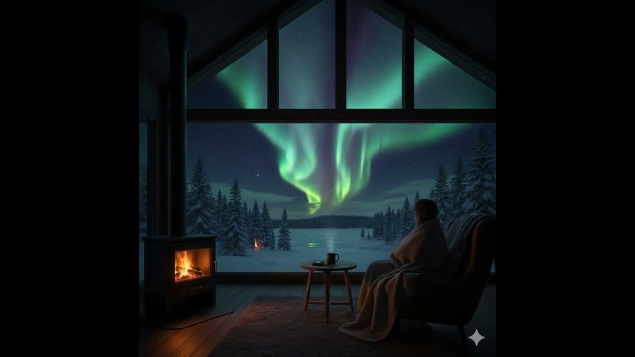 Northern lights and burningfire 4K (1 HOURS). Crackling Fireplace 4K 